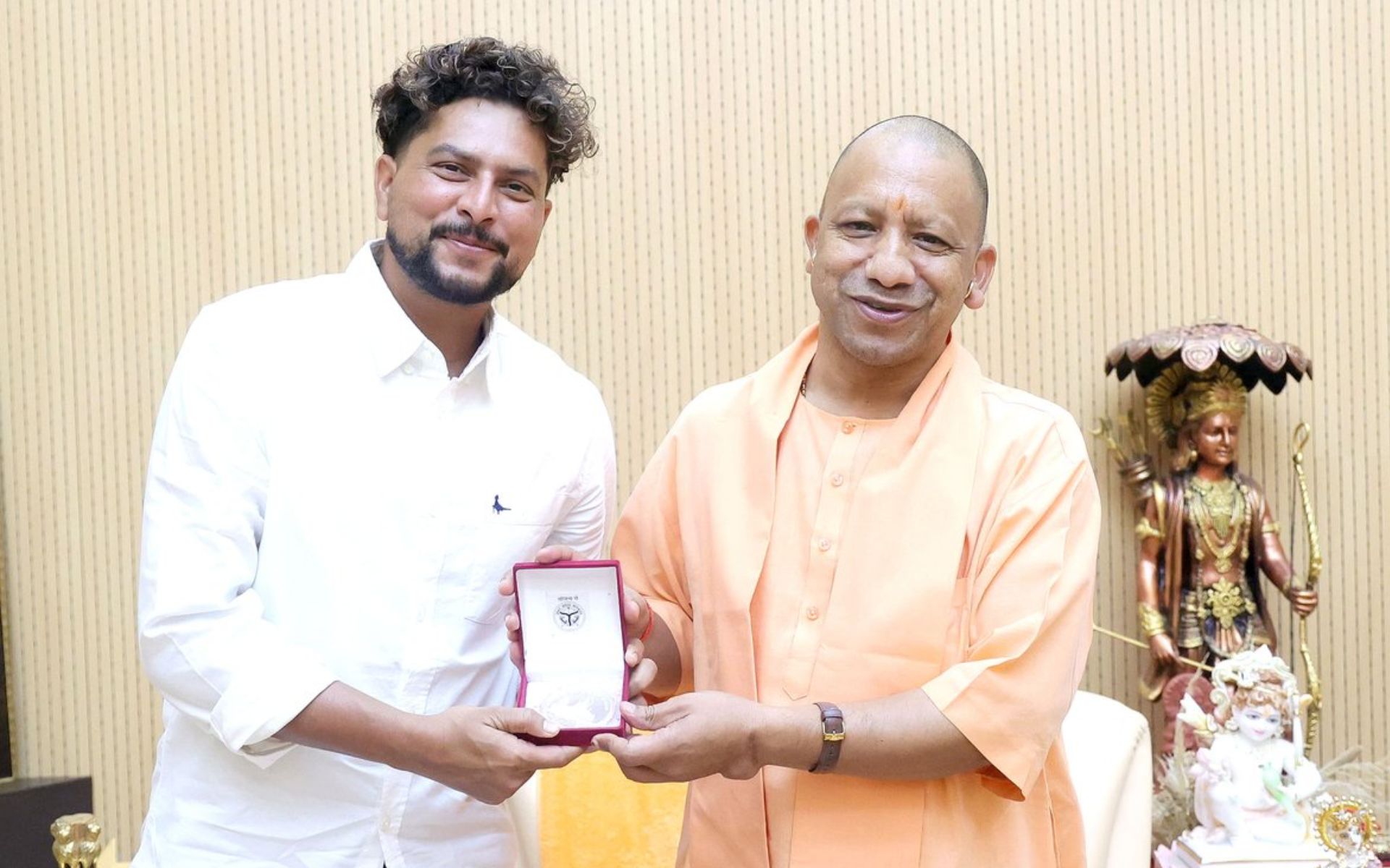 UP CM Yogi Adityanath Felicitates Kuldeep Yadav With A Special Memento Post T20 WC Win